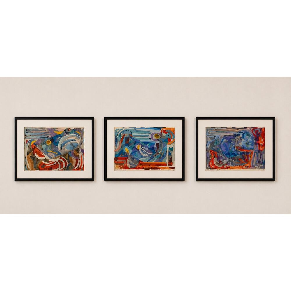 Triptych Set 3 MCM Abstract Watercolor Paintings Signed CLUTIE 1976 23x16 Framed